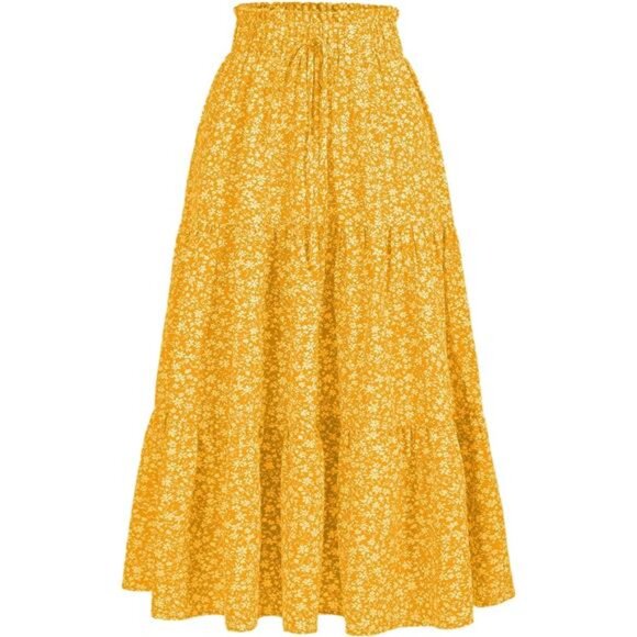 Women's High Elastic Waist Midi Skirt Yellow Floral - Picture 1 of 5